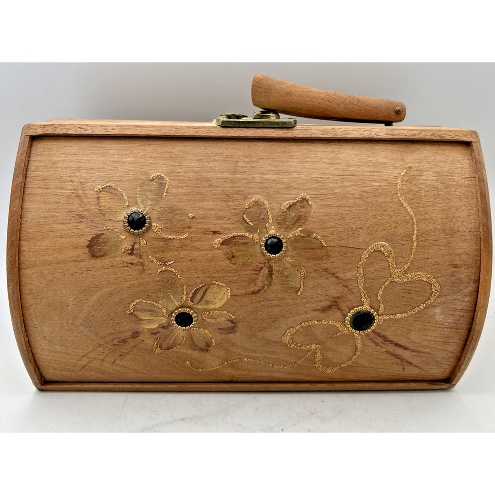 VTG Wooden Purse Handle Butterfly Floral Cottagecore As Is 10.5Lx4.75Wx6 3/8H